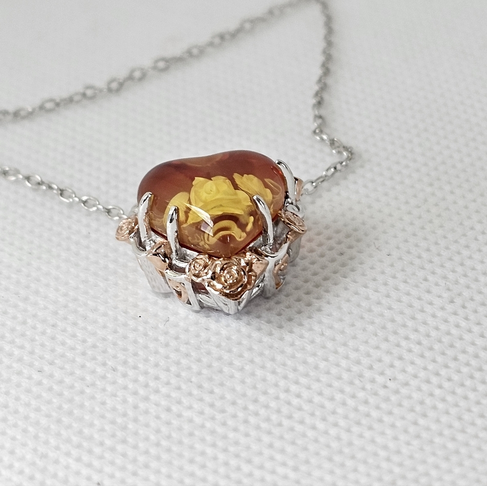 Gems En Vogue Amber Heart 18K Rose Gold Palladium Sterling Silver Necklace! - Picture 4 of 7